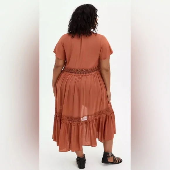 Torrid Duster Length Kimono Tie Front Lace Details in Orange Rust Size 2X - Picture 9 of 15